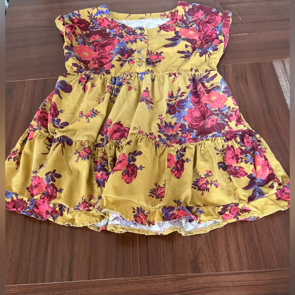 FREE PEOPLE | XS | Harper corduroy floral tiered mini dress top mustard Prairie - Picture 5 of 8